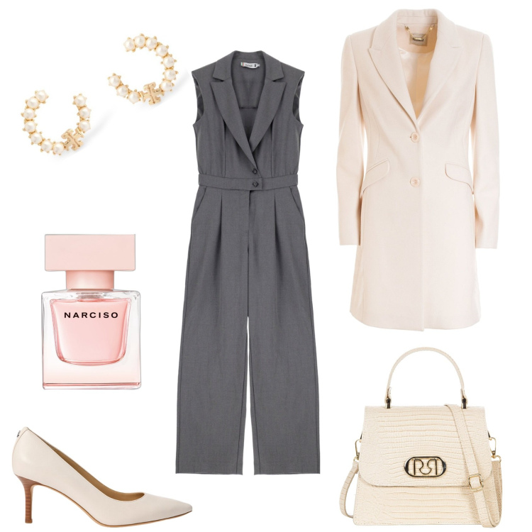 Outfit donna - Cerimonia Grigio & Perla. Stile Chic per Cerimonia. Abbinamento con profumi, tute, borse a mano, cappotti, décolleté, orecchini.