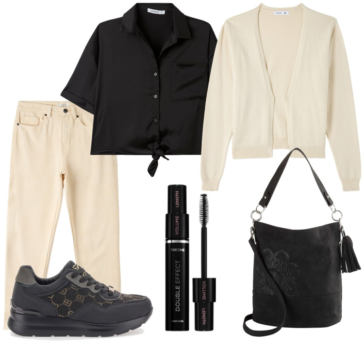 Outfit donna - Primo novembre. Stile Basic per Tutti i giorni. Abbinamento con borse a mano, mascara, jeans mom, cardigans, camicie a manica corta, sneakers.
