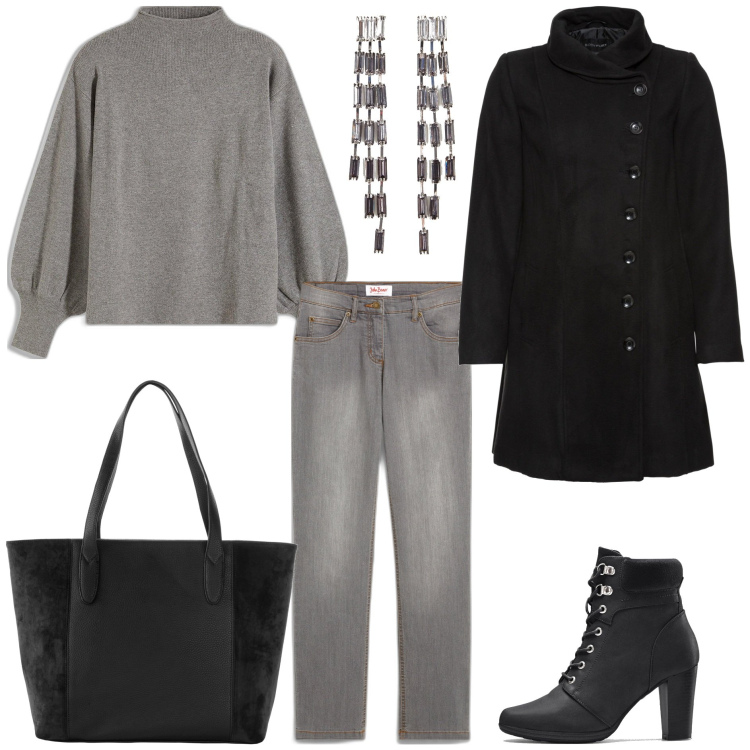 Outfit donna - Bonprix sfumature di grigio. Stile Trendy per Tutti i giorni. Abbinamento con jeans dritti, shopping bag, maglieria, cappotti, stivaletti, orecchini.