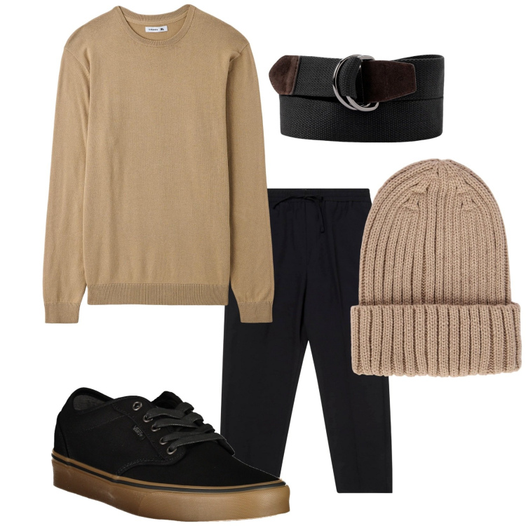 Outfit uomo - Black and Brown. Stile Trendy per Tutti i giorni. Abbinamento con maglieria, pantaloni, berretti, cinture, sneakers.