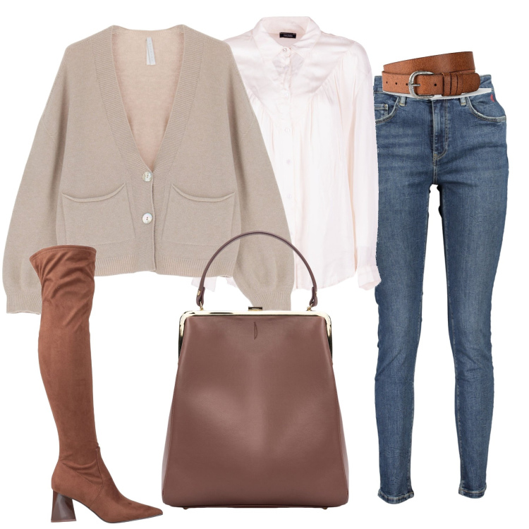 Outfit donna - Casual look. Stile Casual per Tutti i giorni. Abbinamento con cinture, stivali sopra il ginocchio, camicie, cardigans, borse a spalla, jeans slim fit.