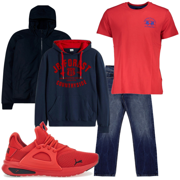 Outfit uomo - Tempo libero. Stile Casual per Tutti i giorni. Abbinamento con felpe con cappuccio, giacche, jeans dritti, sneakers, t-shirt.