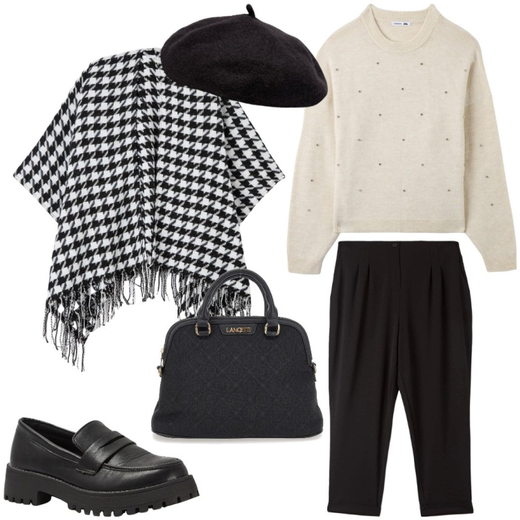 Outfit donna - mantella&capello. Stile Casual chic per Tutti i giorni. Abbinamento con maglieria, pantaloni chino, cappe, mocassini, borse a spalla, cappelli e berretti.