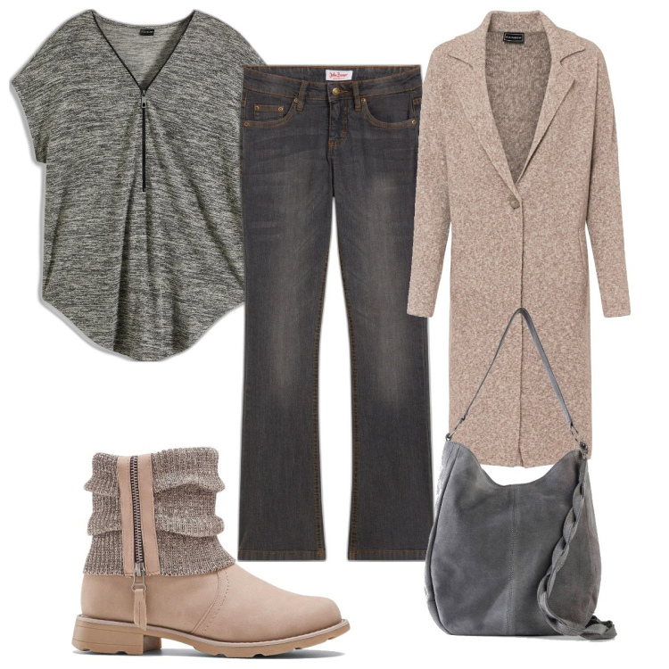 Outfit donna - Autunno con Bonprix. Stile Trendy per Tutti i giorni. Abbinamento con jeans bootcut, cappotti, borse a mano, maglieria, stivaletti.