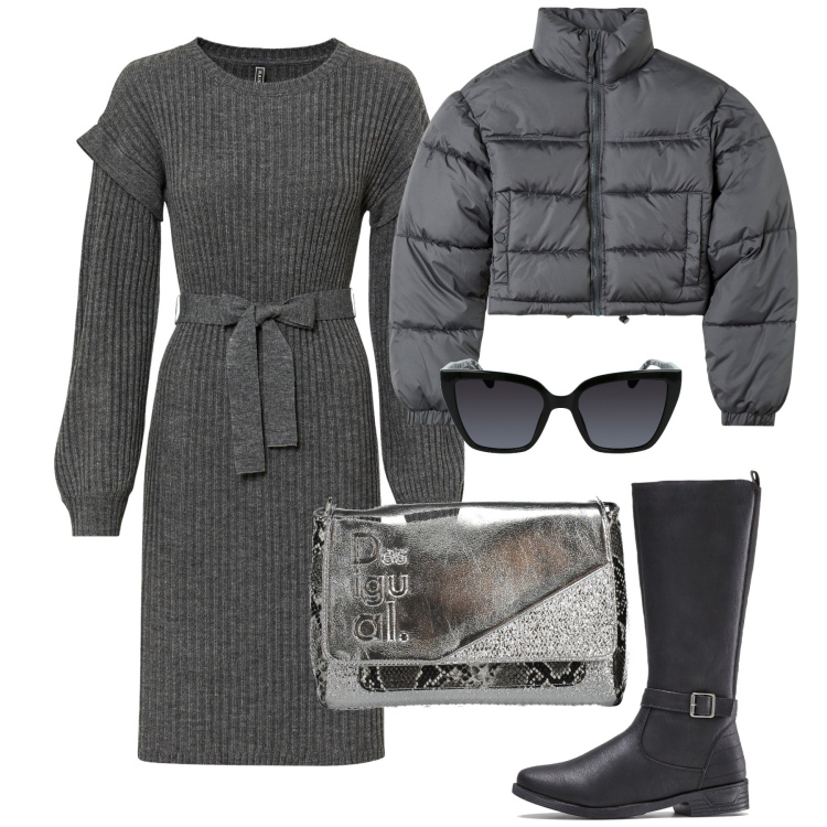 Outfit donna - Grigio in maglia. Stile Bon Ton per Tutti i giorni. Abbinamento con stivali, vestiti, blazer, borse a spalla, occhiali da sole.