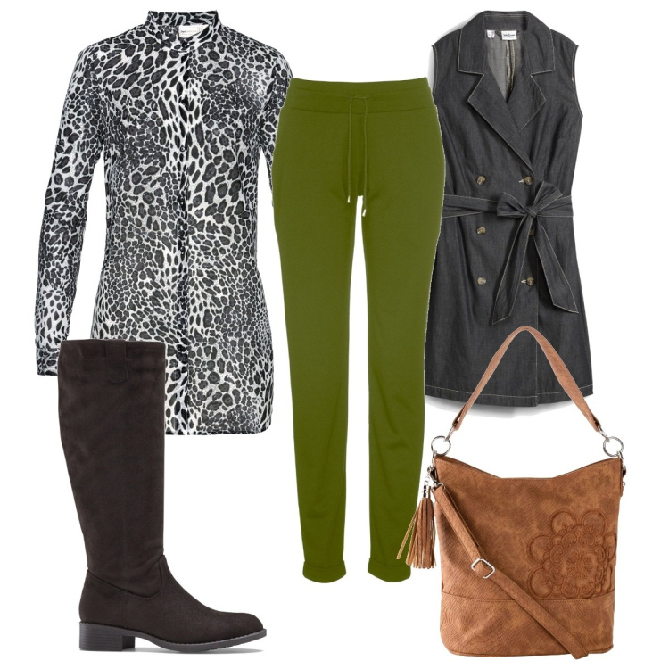 Outfit donna - Bonprix : trendy e animalier. Stile Trendy per Tutti i giorni. Abbinamento con borse a mano, camicie, pantaloni, stivali, vestiti.