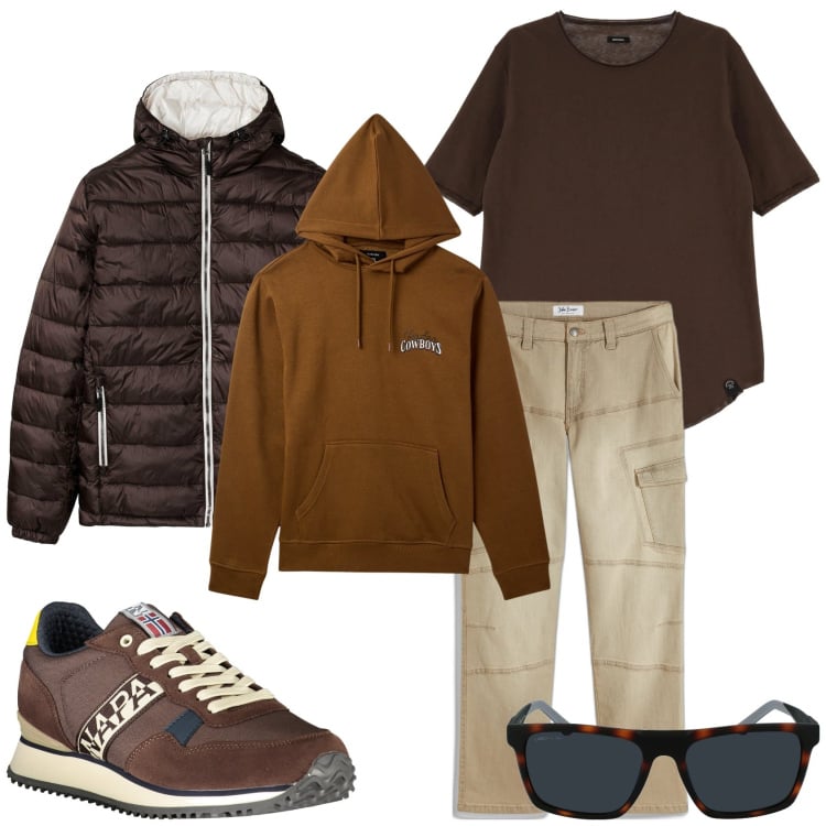 Outfit uomo - Tempo libero. Stile Casual per Tutti i giorni. Abbinamento con jeans dritti, giacche, felpe con cappuccio, t-shirt, sneakers, occhiali da sole.