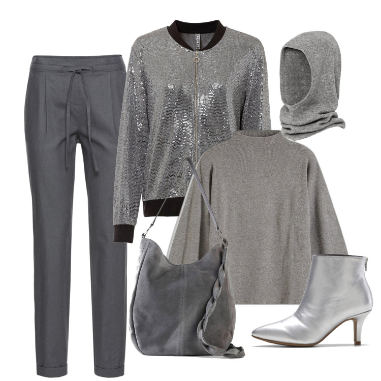 Outfit donna - Grey saturday. Stile Casual chic per Serata fuori. Abbinamento con pantaloni, cappelli e berretti, borse a mano, bomber, maglieria, stivaletti.