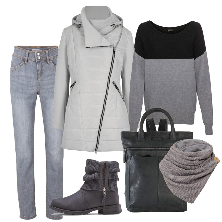 Outfit donna - Grigi caldi e freddi. Stile Casual per Tutti i giorni. Abbinamento con jeans slim fit, stivaletti, foulard, maglieria, blazer, zaini.