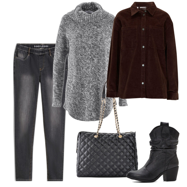 Outfit donna - Grigio melange. Stile Bon Ton per Ufficio. Abbinamento con jeggings, shopping bag, stivaletti texani, cappotti, maglieria.