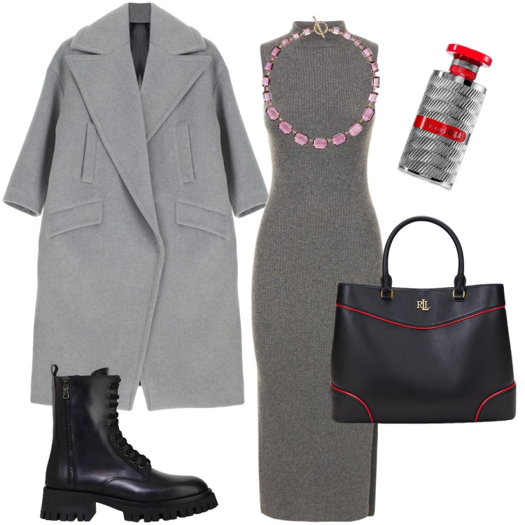 Outfit donna - Speciale grigio. Stile Trendy per Serata fuori. Abbinamento con profumi, cappotti, stivali, collane, borse a mano, vestiti.
