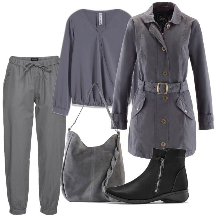 Outfit donna - Grigio novembre. Stile Casual per Tutti i giorni. Abbinamento con pantaloni, stivaletti, borse a mano, trench, bluse.