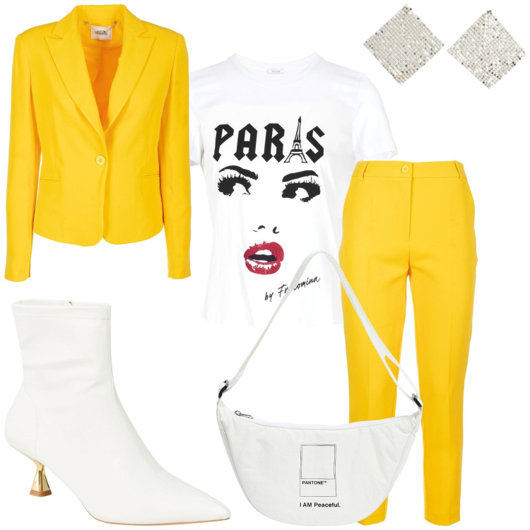 Outfit donna - Fuori casa invitata. Stile Glamour per Tutti i giorni. Abbinamento con marsupi, stivaletti, orecchini, t-shirt, pantaloni, blazer.