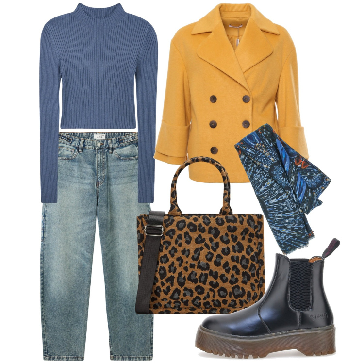 Outfit donna - Novembre a colori. Stile Casual per Tutti i giorni. Abbinamento con maglieria, shopping bag, jeans, cappotti, sciarpe, stivaletti chelsea.