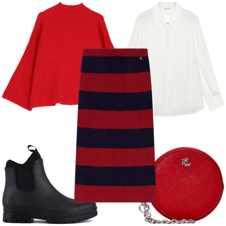Outfit donna - Maglieria avvolgente e colori vivaci. Stile Trendy per Tutti i giorni. Abbinamento con maglieria, gonne longuette, pochette, stivali, camicie.