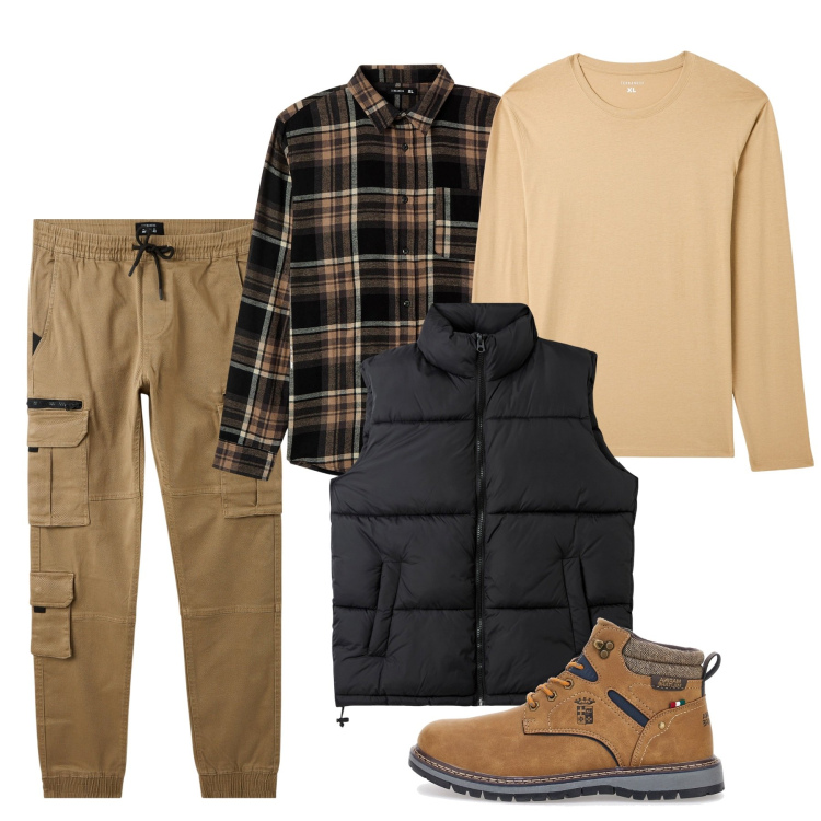 Outfit uomo - Novembre. Stile Casual per Tutti i giorni. Abbinamento con camicie, piumini, pantaloni cargo, maglieria, stivali e stivaletti.