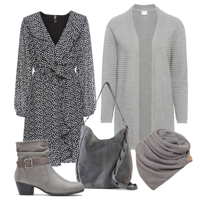 Outfit donna - Mix di texture. Stile Casual chic per Tutti i giorni. Abbinamento con stivaletti, foulard, borse a mano, cardigan a maniche lunghe grigio, vestiti.