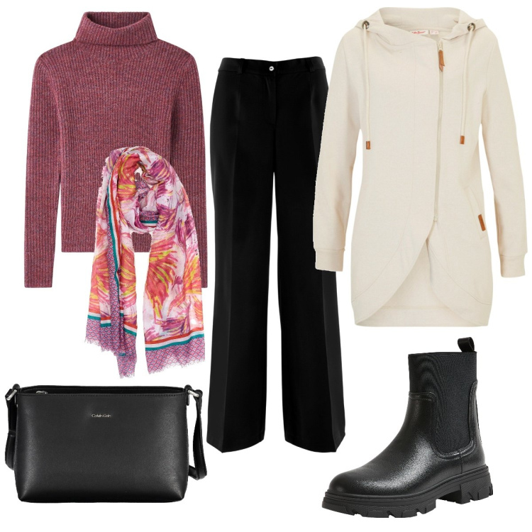 Outfit donna - Neutro e colore. Stile Casual per Tutti i giorni. Abbinamento con pantaloni, blazer, stivaletti chelsea, maglieria, sciarpe, borse a tracolla.