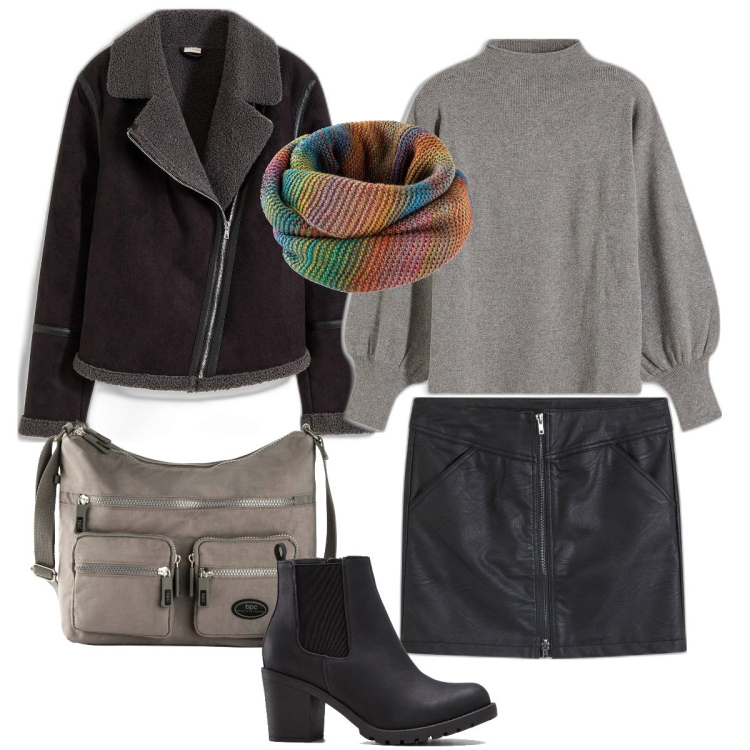 Outfit donna - La minigonna in ecopelle. Stile Casual chic per Tutti i giorni. Abbinamento con foulard, stivaletti, borse a tracolla, blazer, minigonne, maglieria.