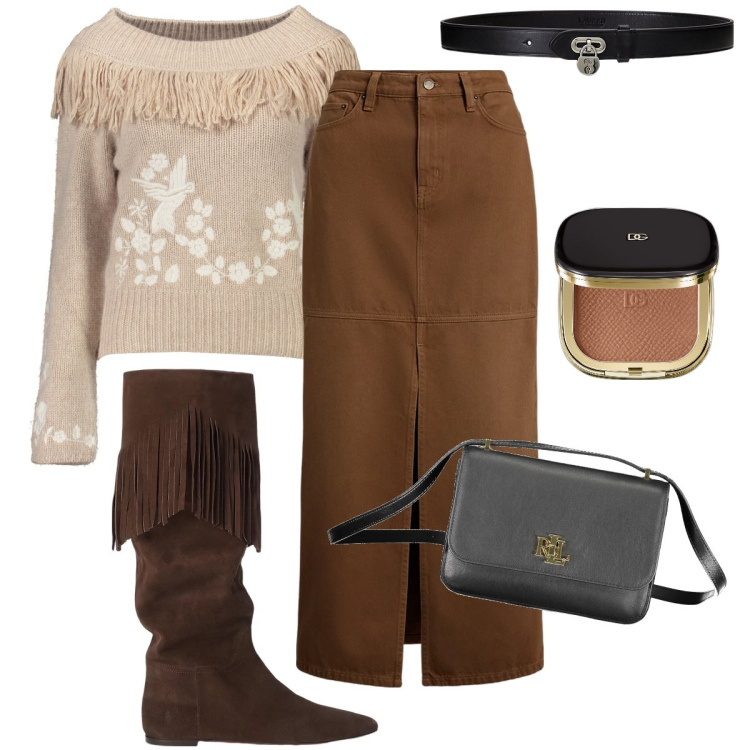 Outfit donna - Dettaglio frange. Stile Casual chic per Tutti i giorni. Abbinamento con terre, gonne, cinture, stivali, maglieria, borse a tracolla.