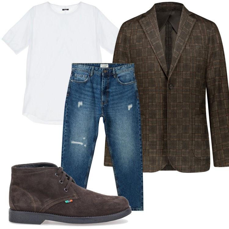 Outfit uomo - Novembre. Stile Trendy per Ufficio. Abbinamento con jeans strappati, t-shirt, giacche, scarpe stringate.