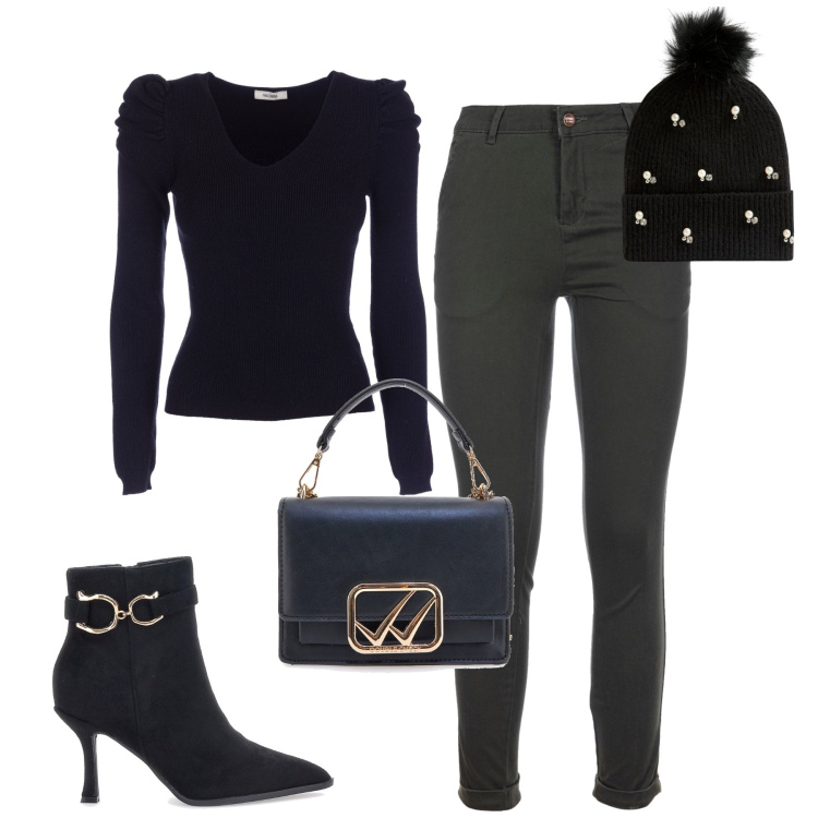 Outfit donna - City. Stile Casual chic per Tutti i giorni. Abbinamento con berretti, maglieria, pantaloni, stivaletti, borse a tracolla.