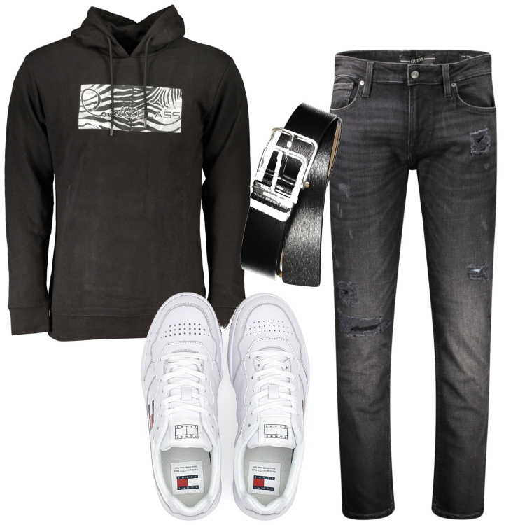 Outfit uomo - Novembre. Stile Casual per Tutti i giorni. Abbinamento con sneakers, cinture, felpe con cappuccio, jeans strappati.