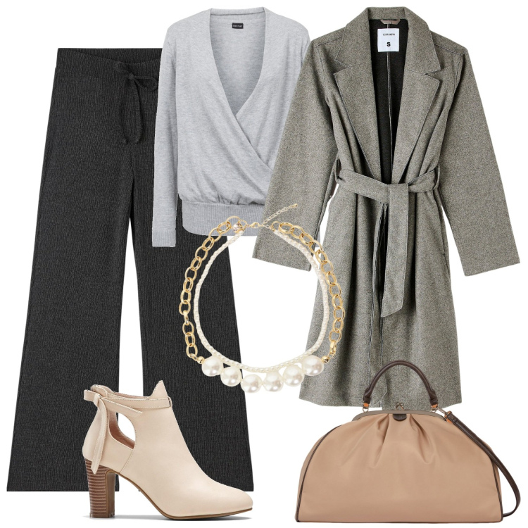 Outfit donna - Fashion grey. Stile Chic per Tutti i giorni. Abbinamento con stivaletti, maglieria, pantaloni, cappotti, collane, borse a spalla.