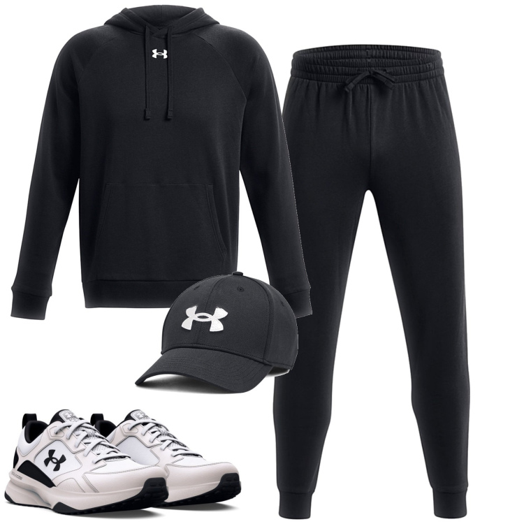 Outfit uomo - Under armour. Stile Casual per Tutti i giorni. Abbinamento con felpe con cappuccio, sneakers, cappelli, pantaloni.