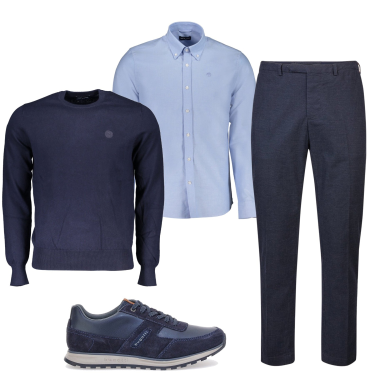 Outfit uomo - Total blu. Stile Casual per Tutti i giorni. Abbinamento con scarpe stringate, pantaloni, camicie, maglieria.