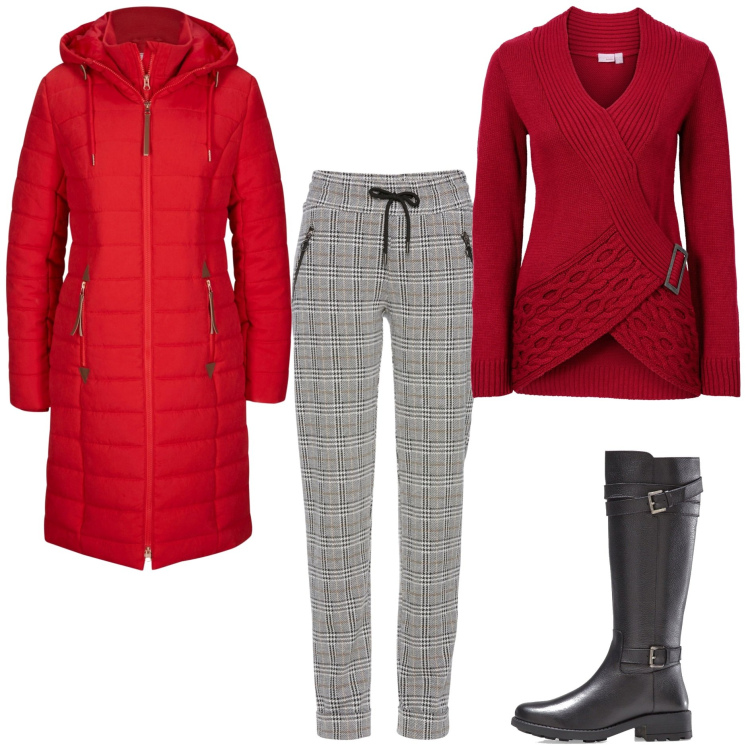 Outfit donna - Grey, Red and black. Stile Basic per Tutti i giorni. Abbinamento con pantaloni, blazer, stivali, maglieria.
