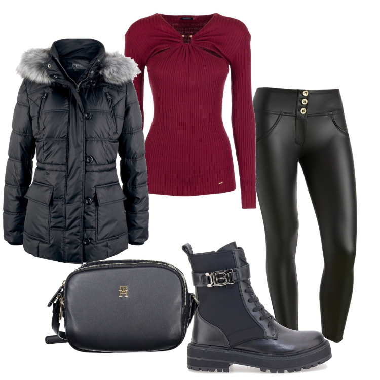 Outfit donna - Nero e bordeaux. Stile Casual per Tutti i giorni. Abbinamento con giacche, maglieria, pantaloni skinny, anfibi, borse a tracolla.