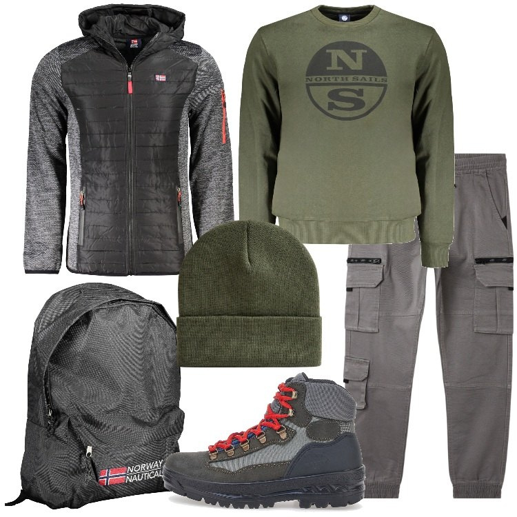 Outfit uomo - Una gita in montagna. Stile Casual per Tutti i giorni. Abbinamento con pantaloni cargo, berretti, borse sportive, felpe, scarpe sportive, giacche sportive.