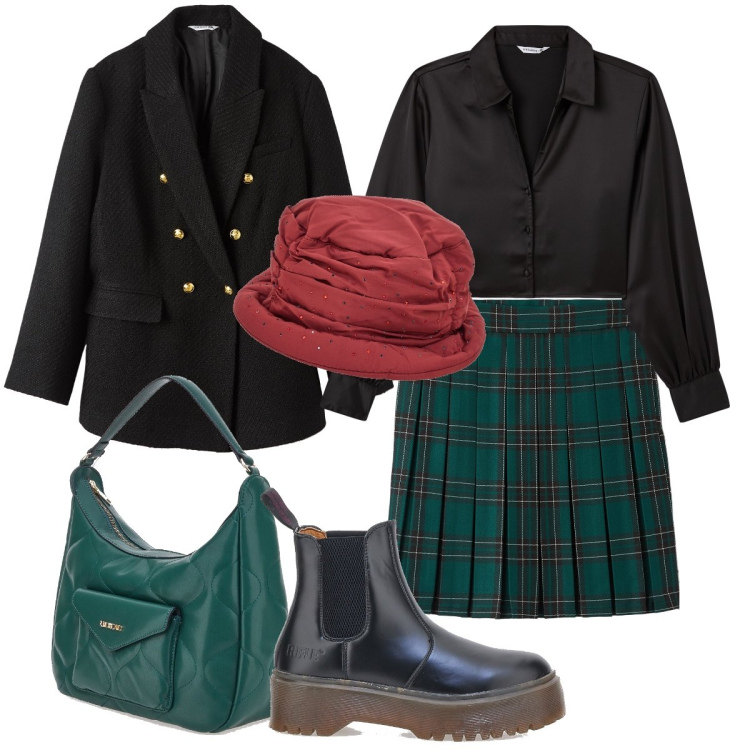 Outfit donna - Cappellino per l’autunno. Stile Preppy per Serata fuori. Abbinamento con minigonne, blazer, camicie, cappelli, borse a spalla, stivaletti chelsea.