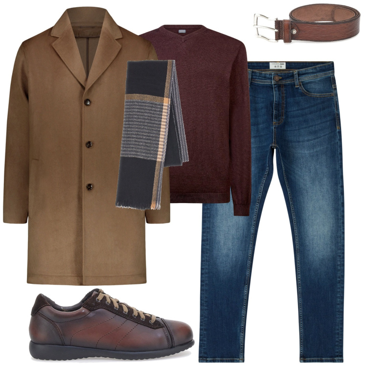 Outfit uomo - City. Stile Urban per Tutti i giorni. Abbinamento con jeans skinny, scarpe stringate, cappotti, cinture, maglieria, sciarpe.