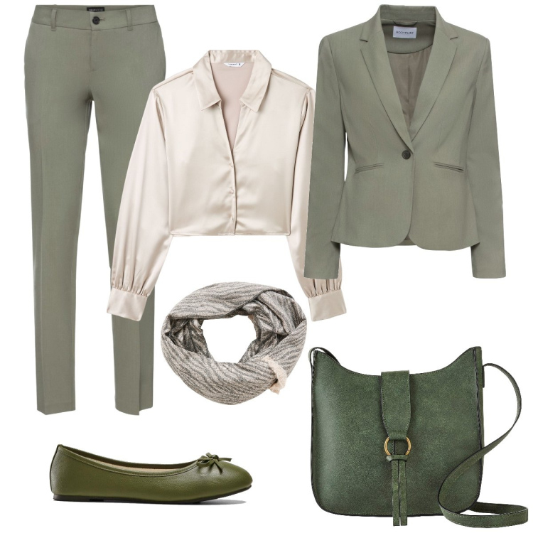 Outfit donna - In ufficio in verde. Stile Casual per Tutti i giorni. Abbinamento con blazer, pantaloni, borse a tracolla, ballerine, camicie, sciarpe.