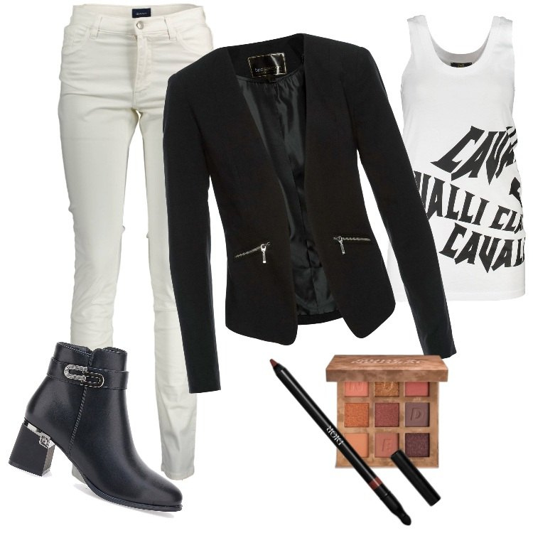 Outfit donna - Total look #1991752. Stile Rock per Tutti i giorni. Abbinamento con blazer, ombretti, eyeliner, stivaletti, pantaloni, canottiere.