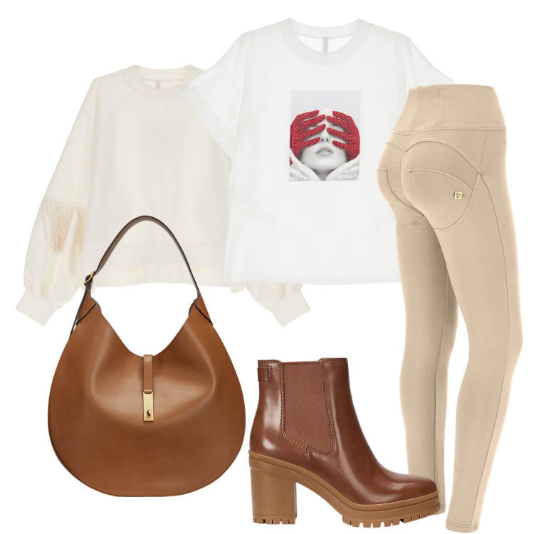 Outfit donna - Beige e marrone. Stile Casual per Ufficio. Abbinamento con felpe, t-shirt, pantaloni skinny, borse a spalla, stivaletti chelsea.