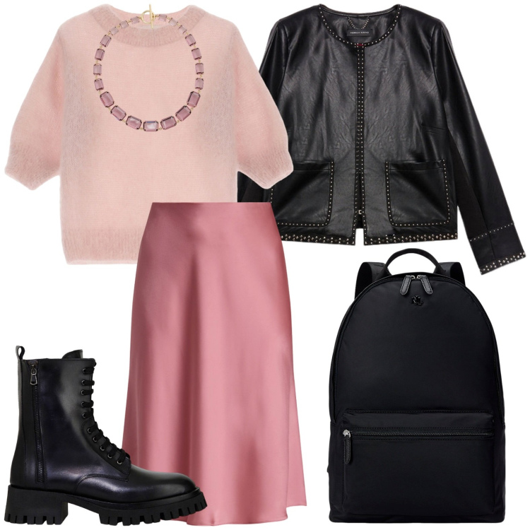 Outfit donna - Rosa polvere avvolgente. Stile Casual chic per Ufficio. Abbinamento con stivali, maglieria, zaini, gonne, collane, blazer.