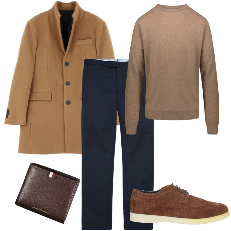 Outfit uomo - 1 novembre. Stile Business/Elegante per Serata speciale. Abbinamento con scarpe stringate, cappotti, pantaloni chino, maglieria, portafogli.