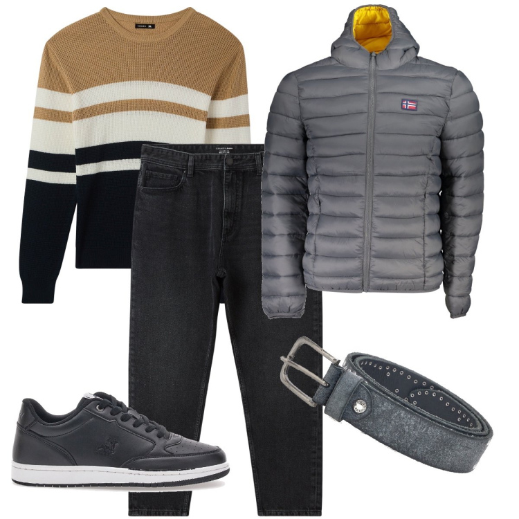 Outfit uomo - Il piumino grigio. Stile Casual per Ufficio. Abbinamento con jeans, maglieria, sneakers, cinture, giacche.
