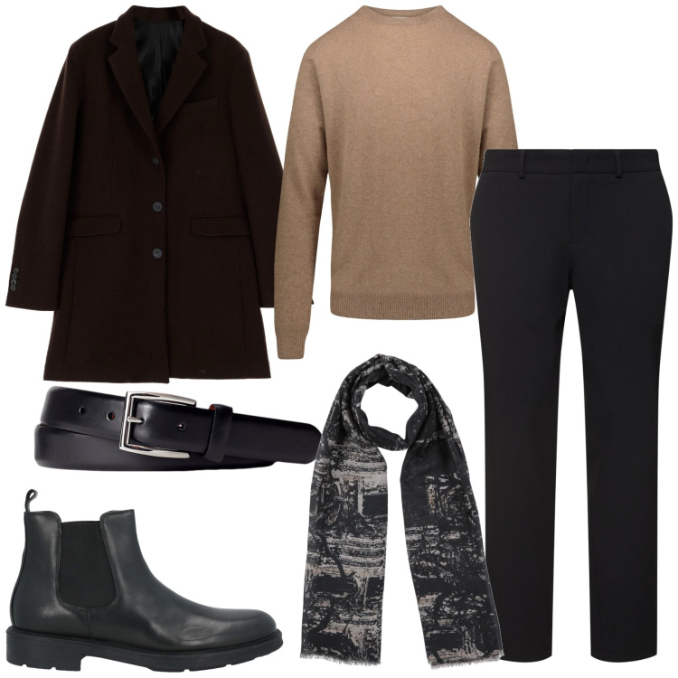 Outfit uomo - Classico con stile. Stile Casual per Serata speciale. Abbinamento con sciarpe, stivali e stivaletti, cappotti, cinture, maglieria, pantaloni.