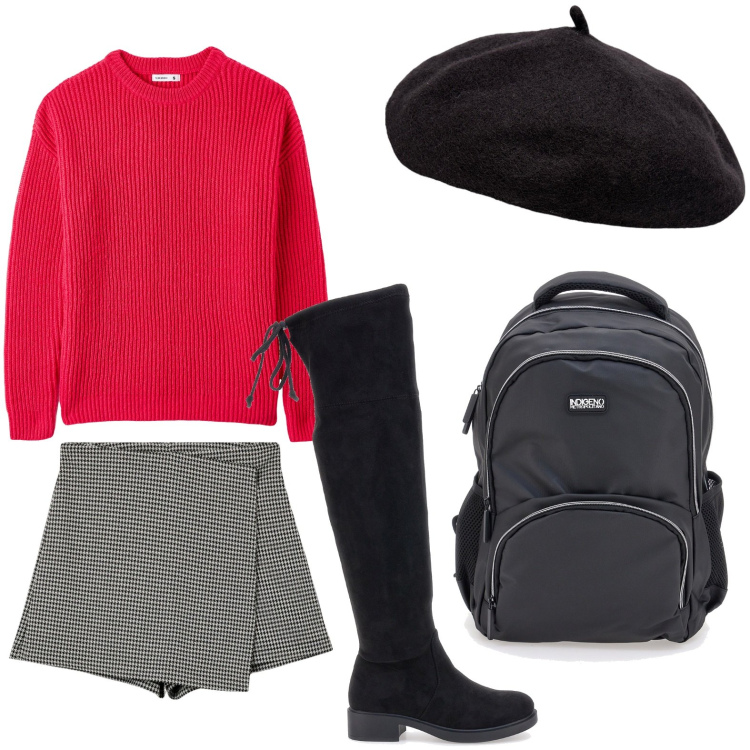 Outfit donna - Il basco trasforma il look. Stile Casual per Scuola/Università. Abbinamento con minigonne, maglieria, stivali sopra il ginocchio, zaini, cappelli e berretti.