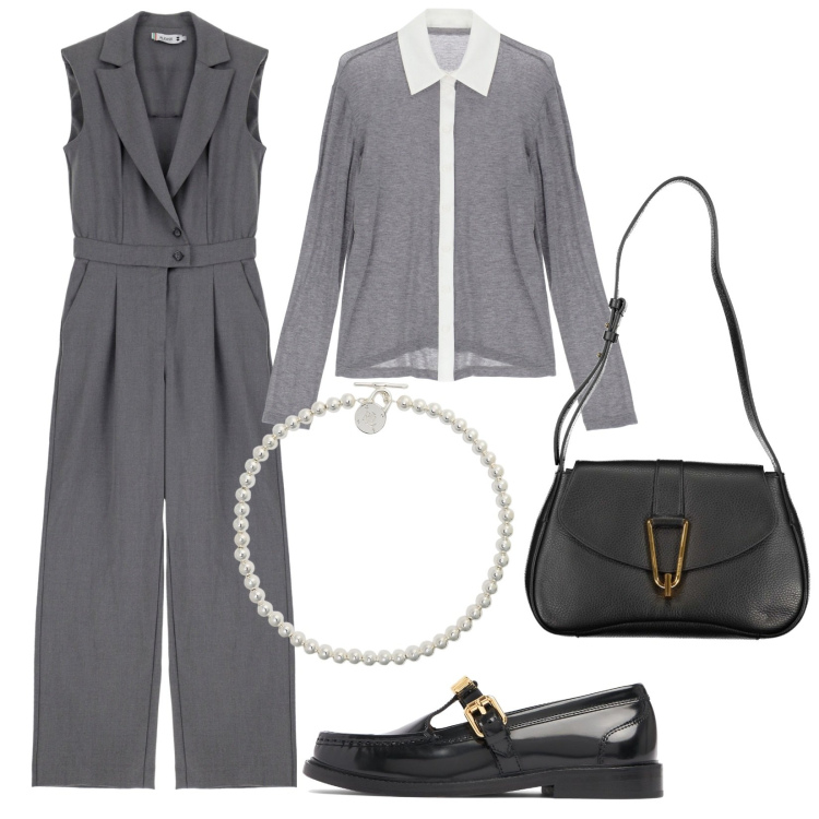 Outfit donna - Grigio per l\'autunno. Stile Minimal per Serata fuori. Abbinamento con tute, camicie, collane, mocassini, borse a tracolla.
