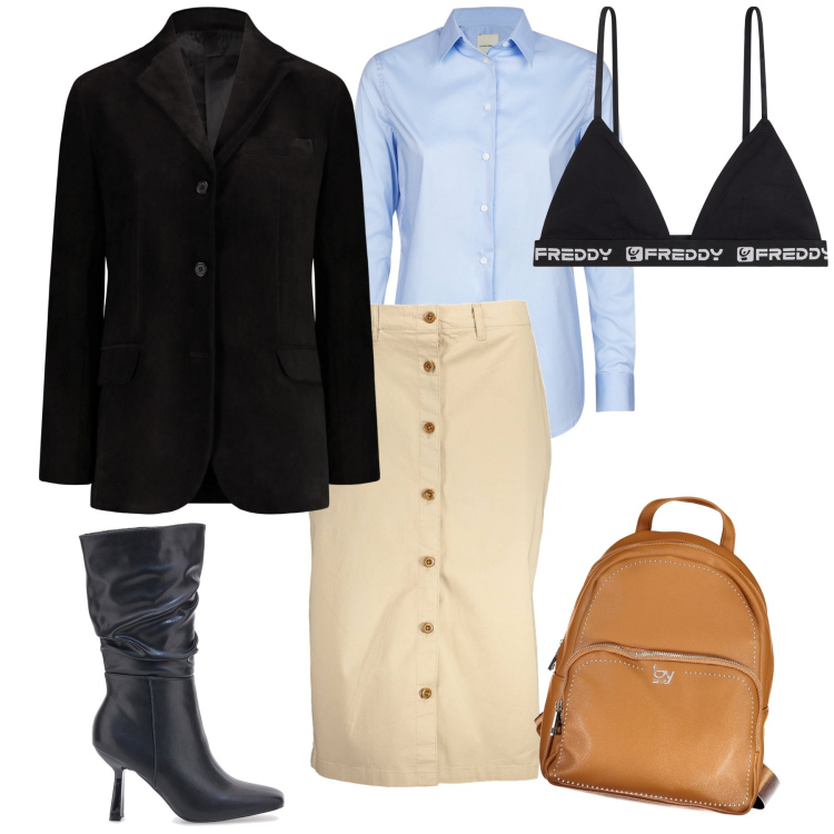 Outfit donna - Total look. Stile Urban per Tutti i giorni. Abbinamento con reggiseni, stivali, gonne longuette, camicie, blazer, zaini.