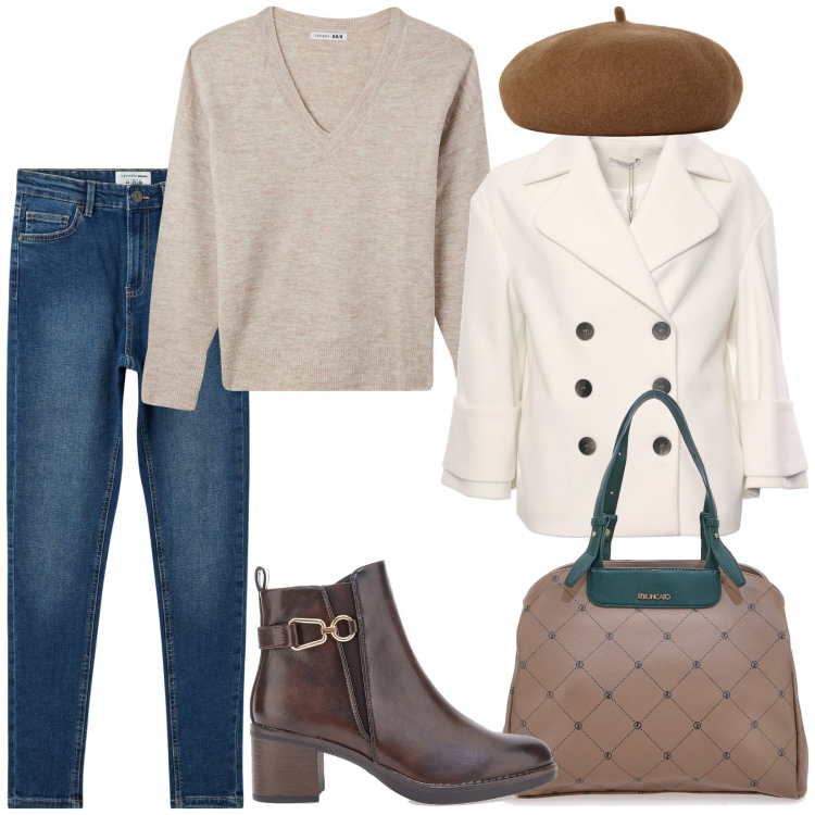 Outfit donna - Total look #1991813. Stile Casual chic per Tutti i giorni. Abbinamento con maglieria, jeans skinny, cappotti, cappelli e berretti, stivaletti, borse a spalla.