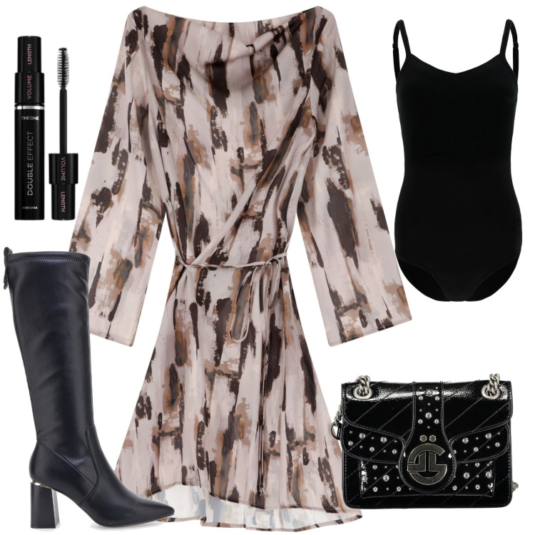 Outfit donna - Mood romantico. Stile Romantica per Serata fuori. Abbinamento con mascara, vestiti, body, stivali, borse a tracolla.
