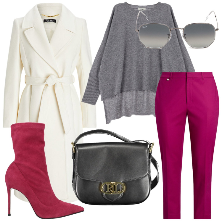 Outfit donna - Una ventata di fuxia. Stile Casual per Tutti i giorni. Abbinamento con stivaletti, cappotti, pantaloni, pullovers, occhiali da sole, borse a tracolla.