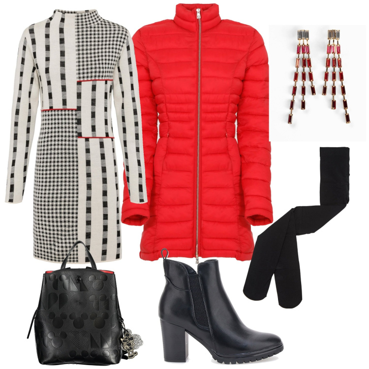 Outfit donna - Total look #1991826. Stile Casual chic per Tutti i giorni. Abbinamento con orecchini, vestiti, collant, piumini, stivaletti, zaini.