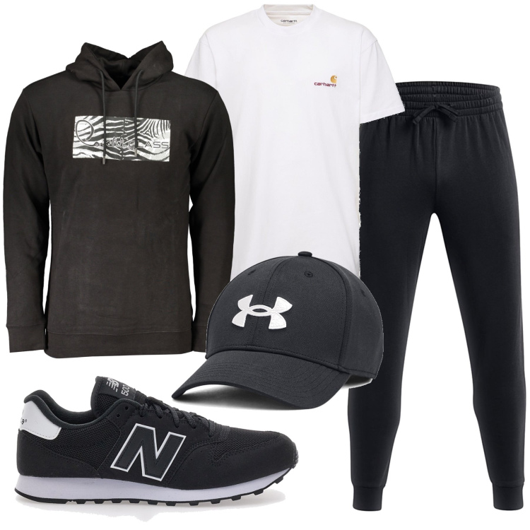 Outfit uomo - Sportivo. Stile Urban per Tutti i giorni. Abbinamento con sneakers, cappelli, t-shirt, felpe con cappuccio, pantaloni.